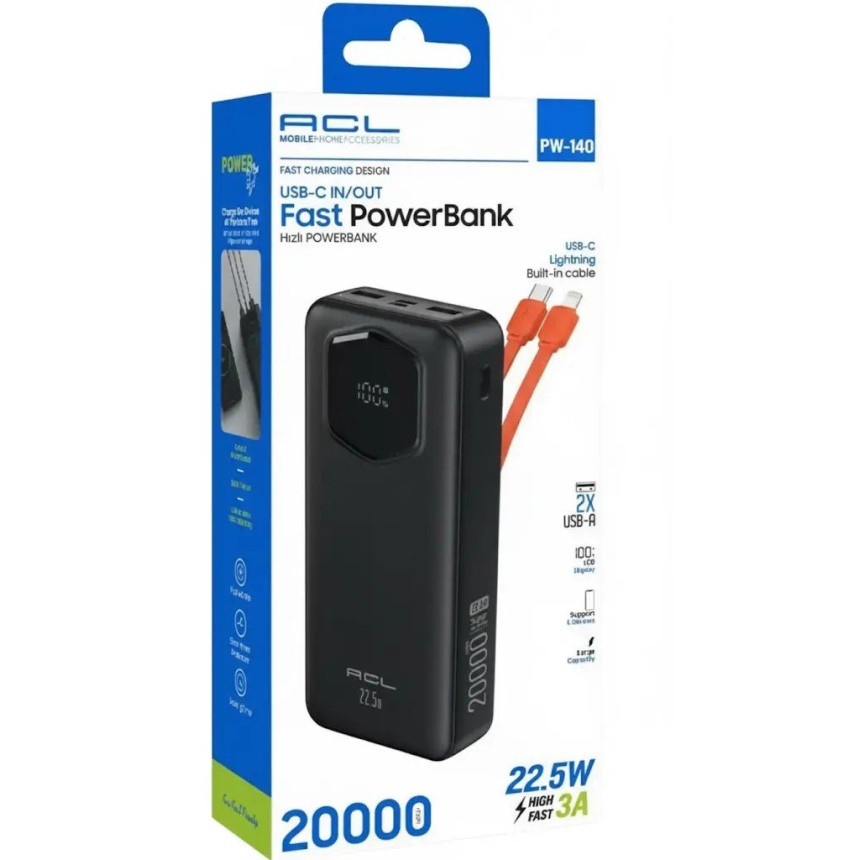 Powerbank ACL PW-140 20000mAh, 22.5W black - ціна, опис