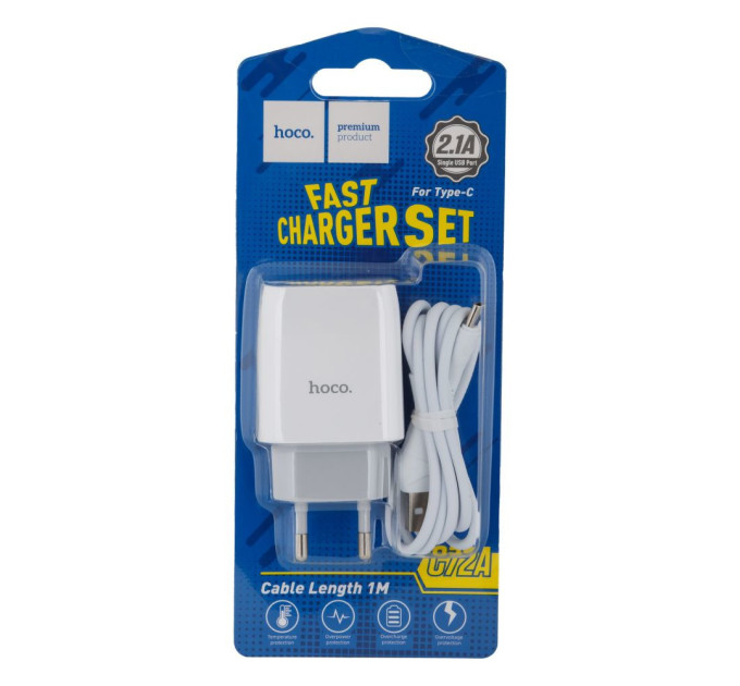 Зарядний пристрій Hoco C72A + кабель Type-C, 5V, 2.1A White