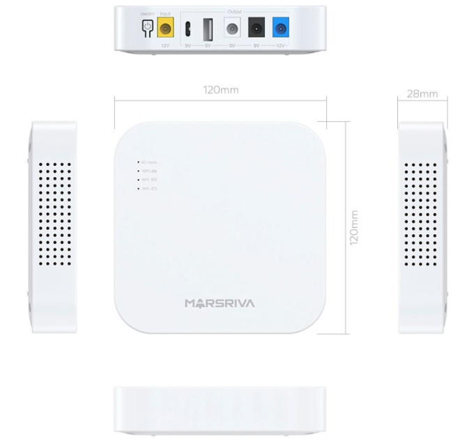 ДБЖ Marsriva DC Router UPS KP4 3xDC+USB+USB-C OUT, 5V/9V/12V 18W 10000 mAh (36Wh) Li-Ion