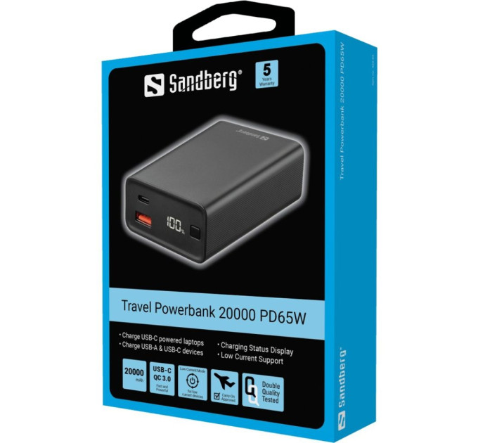 Power Bank Sandberg 20000mAh 65W PD,QC3.0, USB-A , USB-C In/Out кабель 100W 0.5m