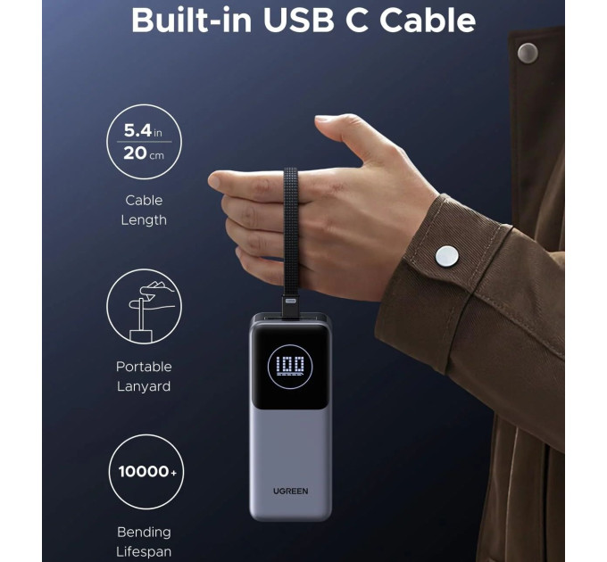 Power Bank Ugreen 20000mAh 130W PD/QC, USB-A, USB-С In/Out with built-in USB-C cable (PB723) Gray