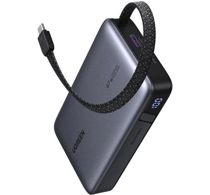 Power Bank Ugreen 20000mAh PB550 67W USB-A, USB-C In/Out, with built-in USB-C cable Grey