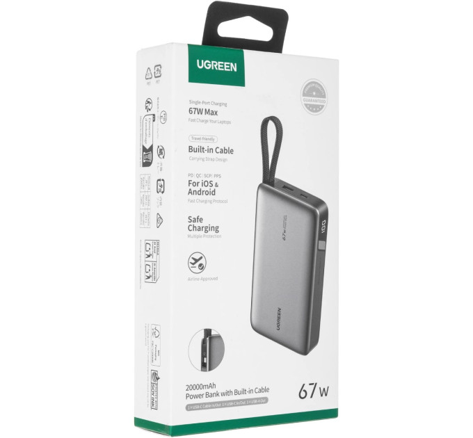 Power Bank Ugreen 20000mAh PB550 67W USB-A, USB-C In/Out, with built-in USB-C cable Grey