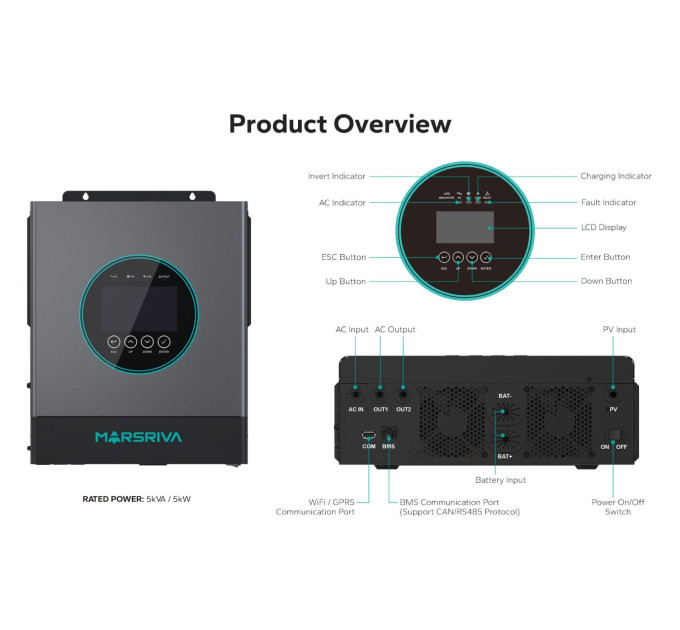 Інвертор Marsriva MR-SPF5K-LP1-TL20E 5kW 24V з Wi-Fi