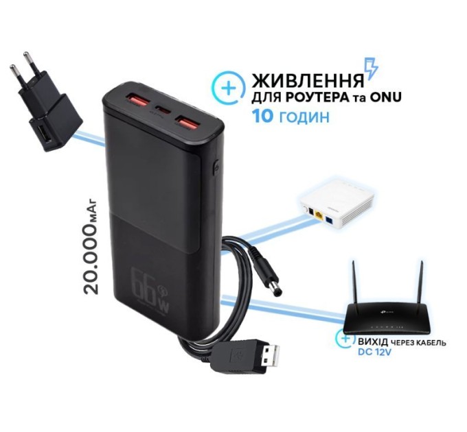 Питание для роутера и ONU 12в / 10 часов (Повербанк 20000мАч, кабель DC 2шт, USB адаптер)