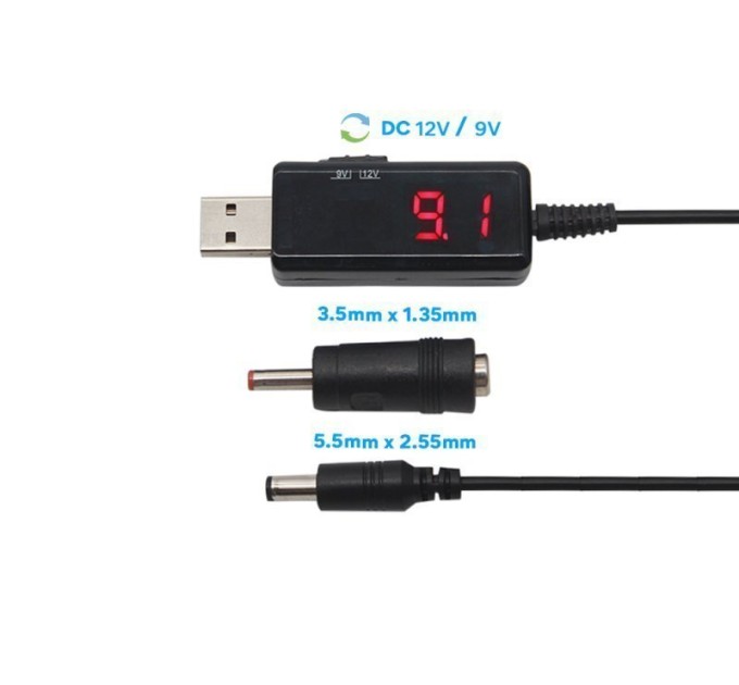 Кабель живлення від Power Bank USB 5V - DC 9V/12V універсальний для Wi-Fi роутера, що підвищує з перемикачем напруги (3.5 х 1.35 та 5.5 х 2.55)